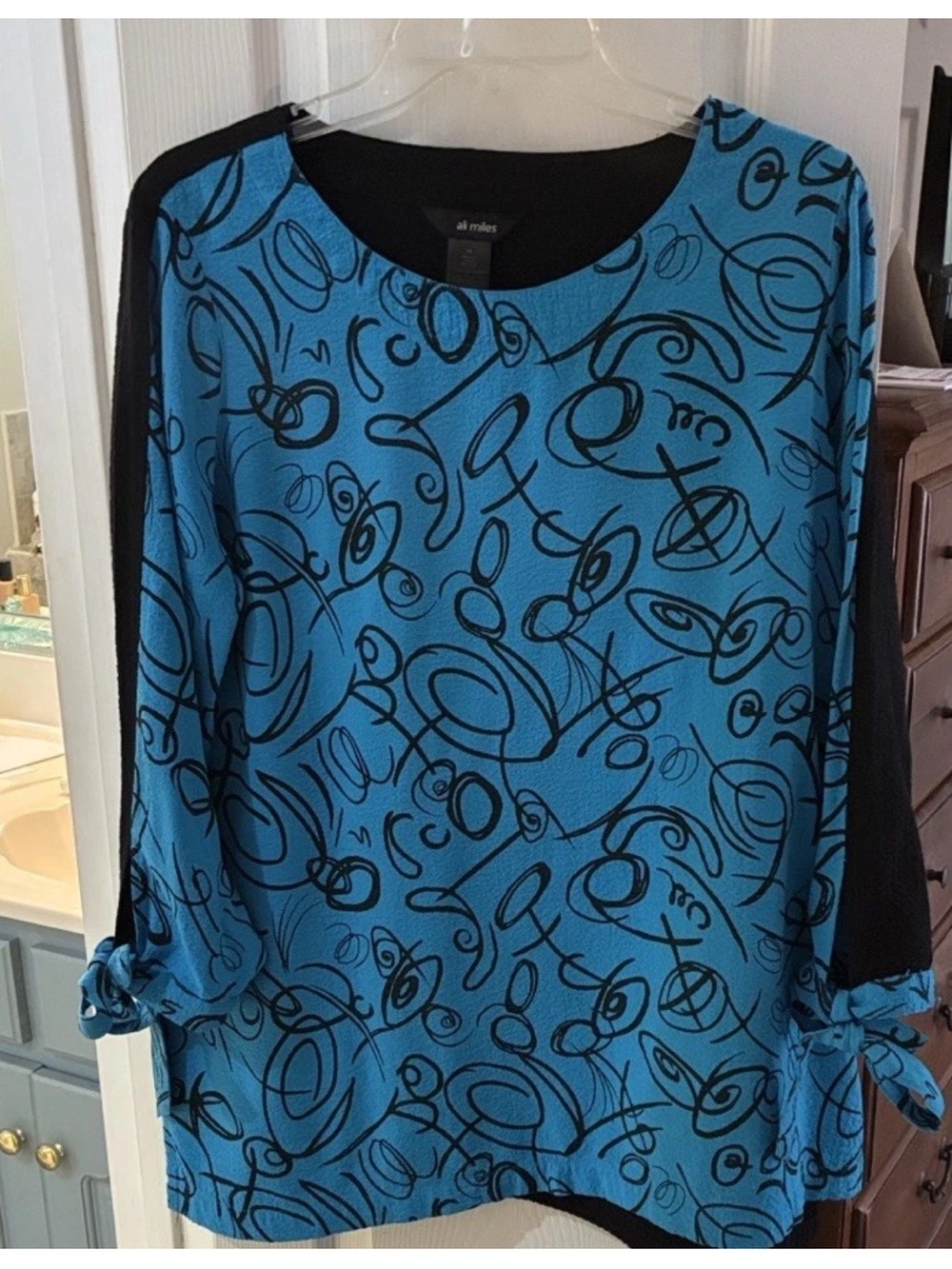All-Miles Bright Blue Black Abstract-Print Textured Tie Sleeve Top SZ M